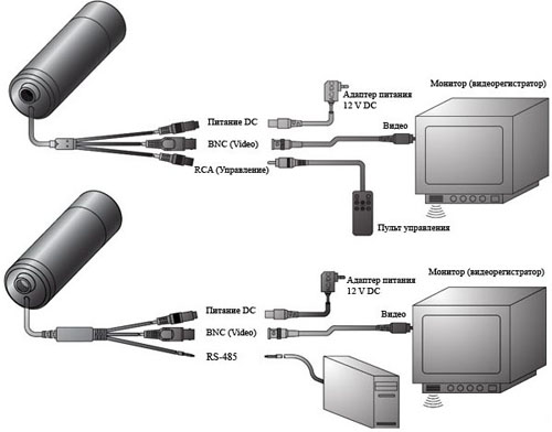 Схема подключения цветной видеокамеры "KPC-HD230C" по DIY-кабелем (вверху) и по разъему RS-485 (внизу).